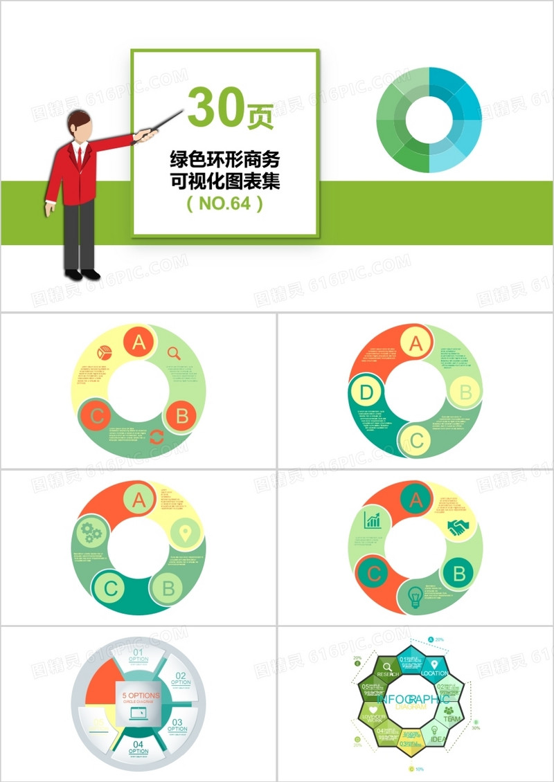  30页绿色环形商务可视化图表集PPT模板