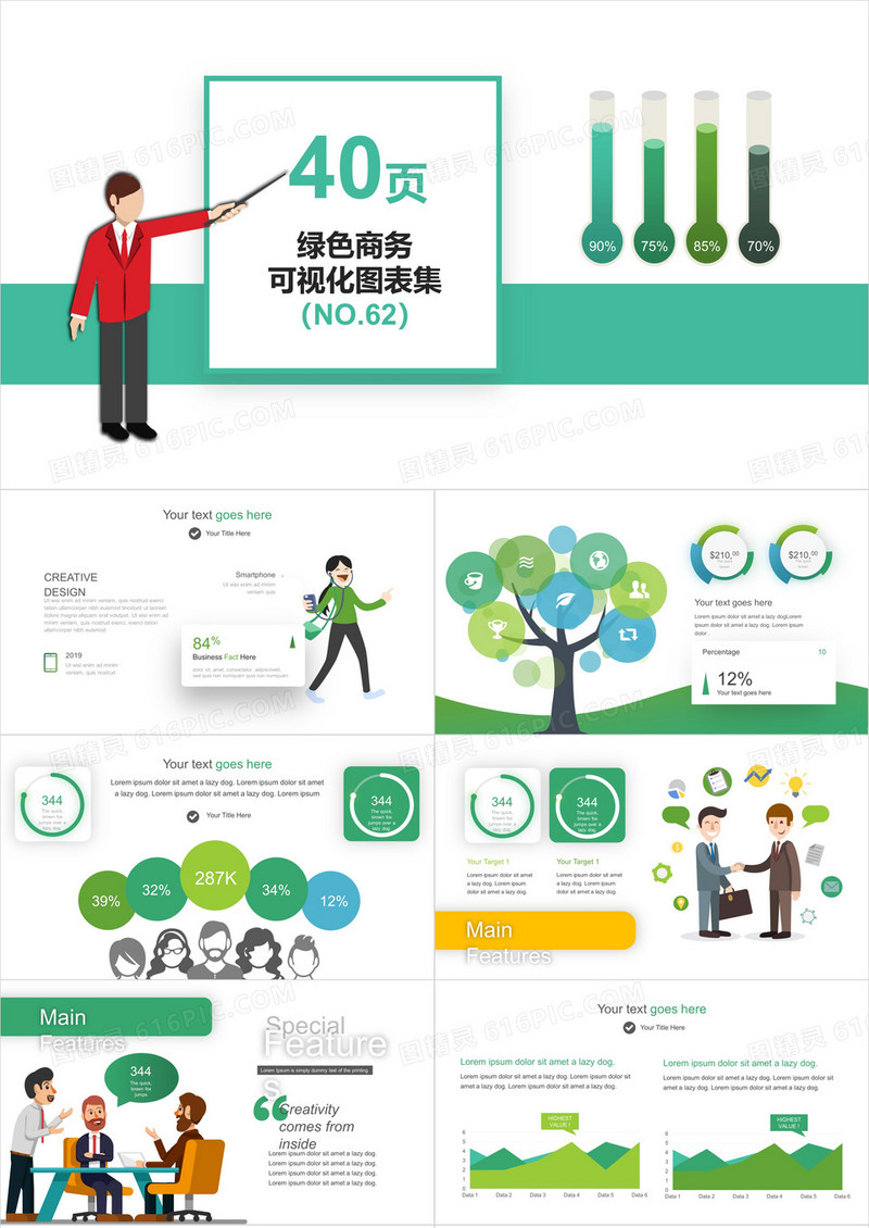 40页绿色商务可视化图表集PPT模板