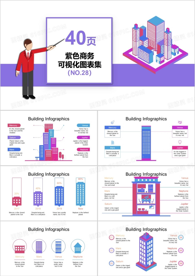 40页紫色商务可视化图表集PPT模板