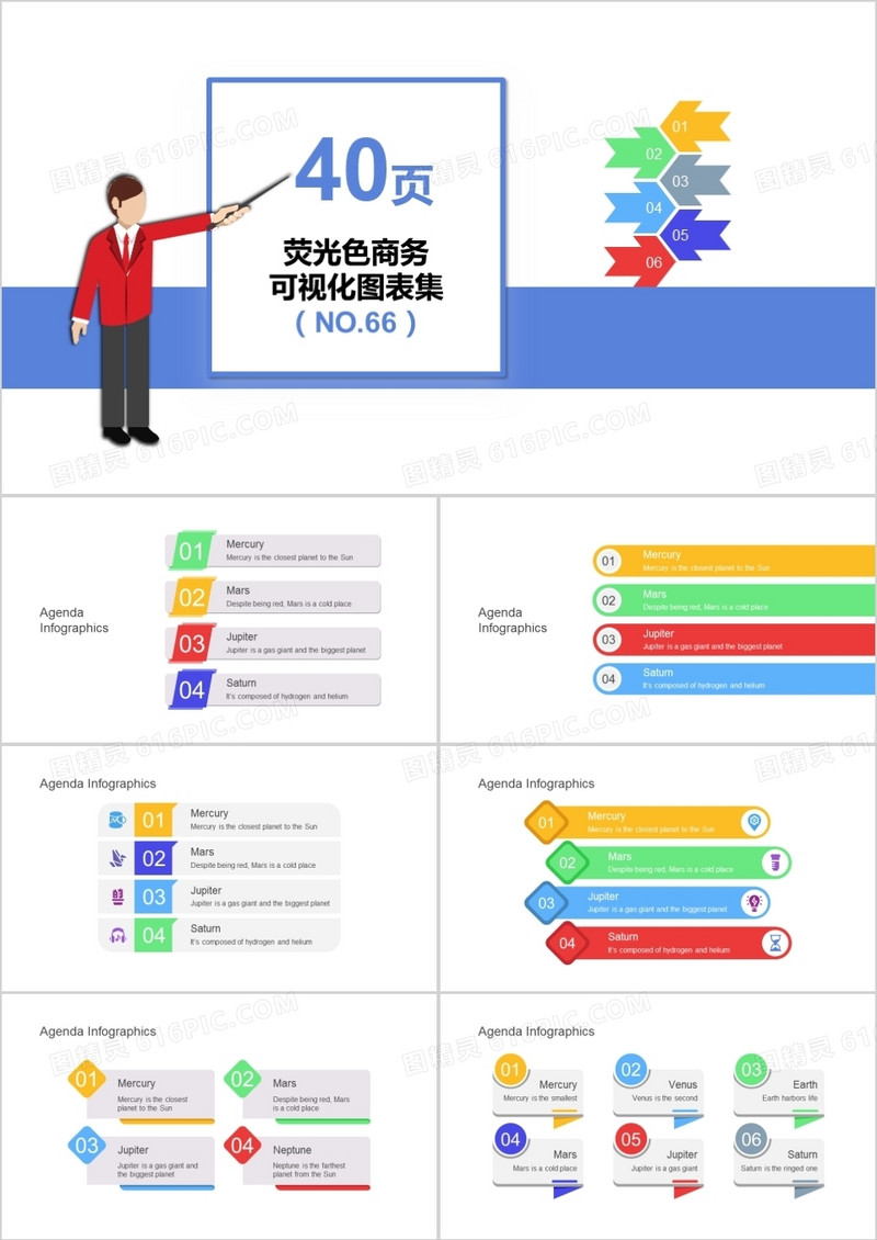 40页荧光色商务可视化图表集PPT模板