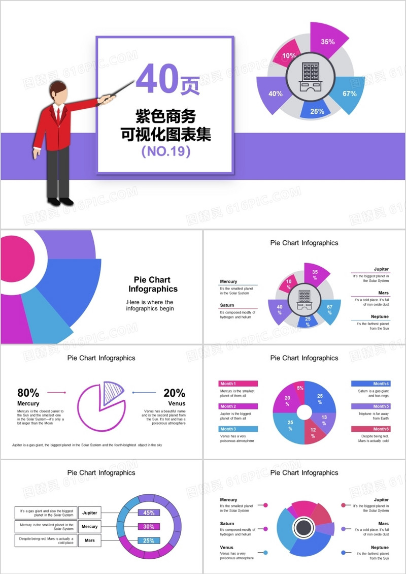 40页紫色商务可视化图表集PPT模板