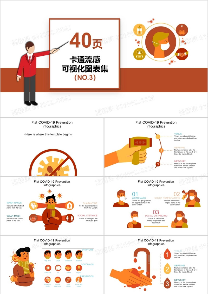 40页卡通流感可视化图表集PPT模板