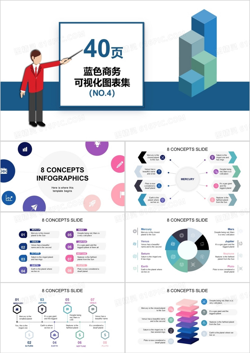 40页蓝色商务可视化图表集PPT模板