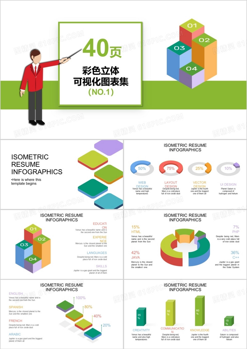 40页彩色立体可视化图表集PPT模板