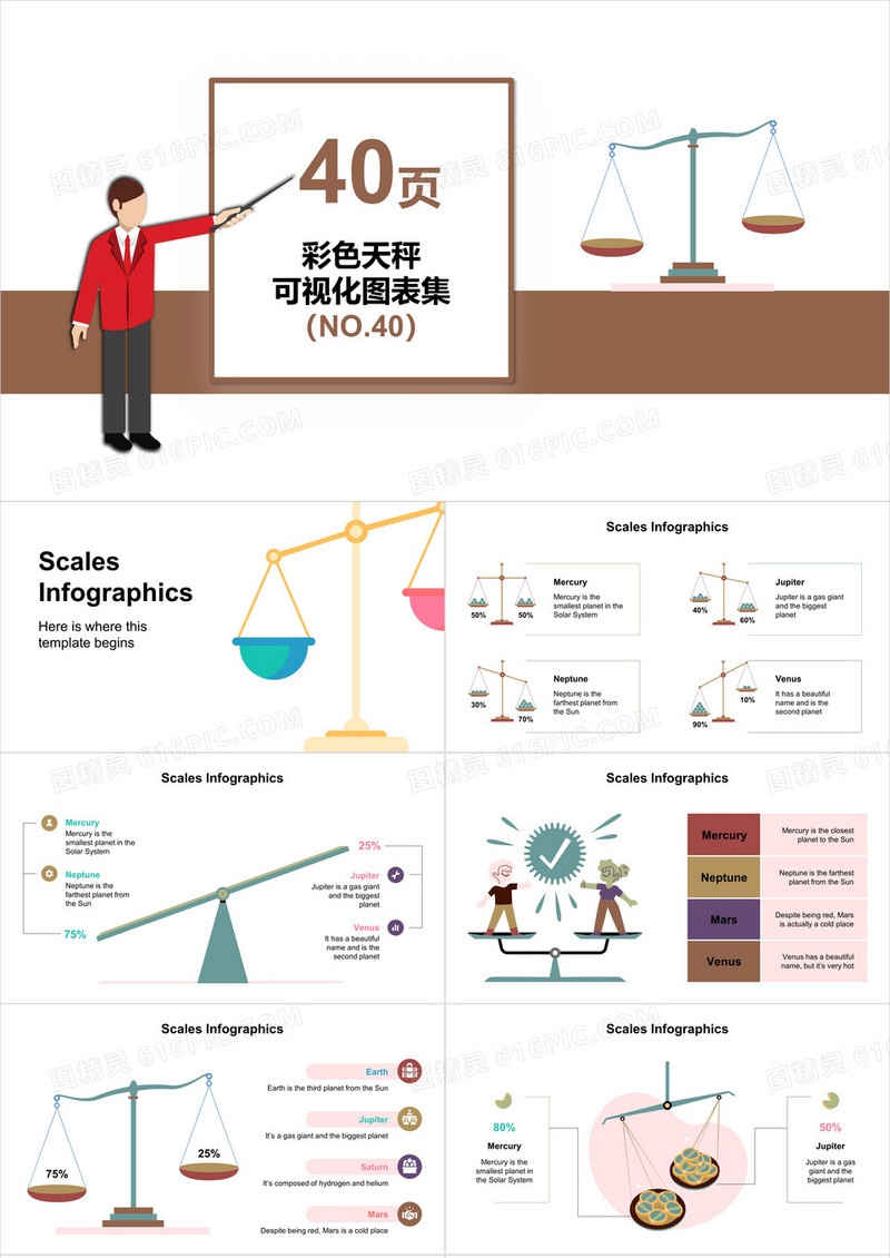 40页彩色天秤可视化图表集PPT模板