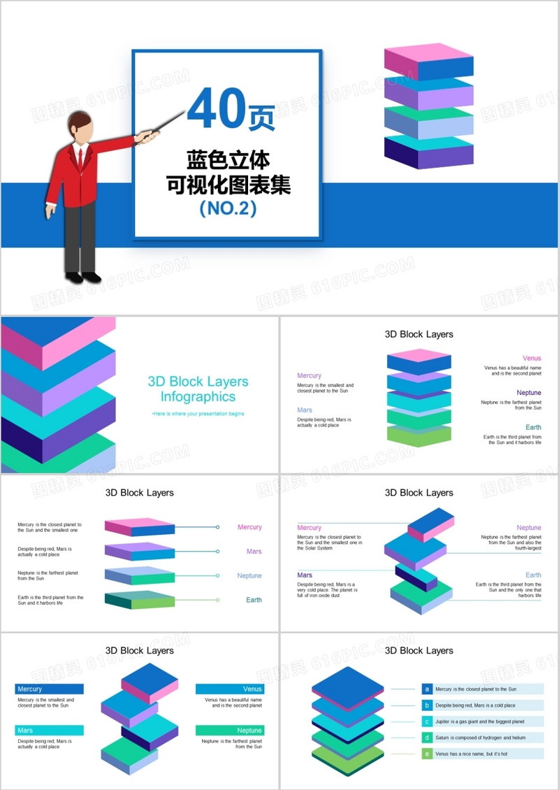 40页蓝色立体可视化图表集PPT模板
