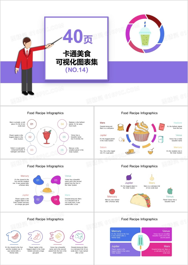 40页卡通美食可视化图表集PPT模板