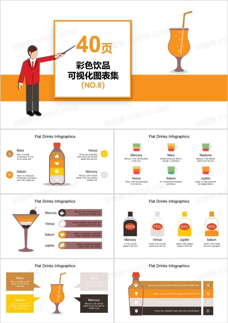 40页彩色饮品可视化图表集PPT模板