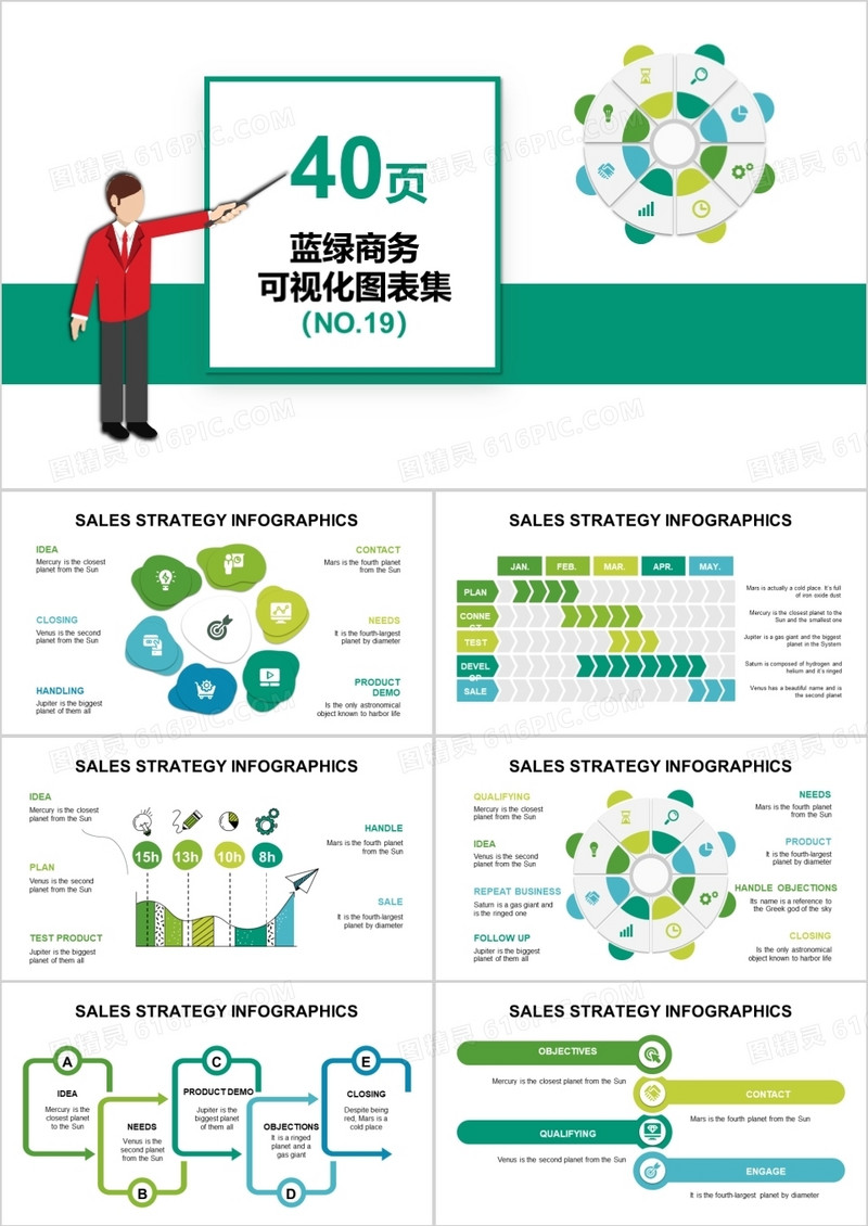 40页蓝绿可视化图表集PPT模板