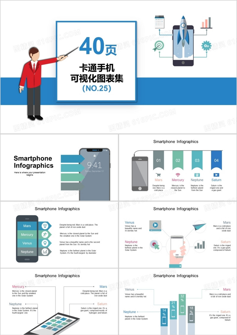 40页卡通手机可视化图表集PPT模板