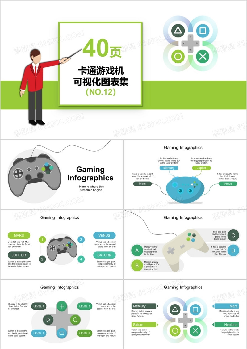 40页卡通游戏机可视化图表集PPT模板