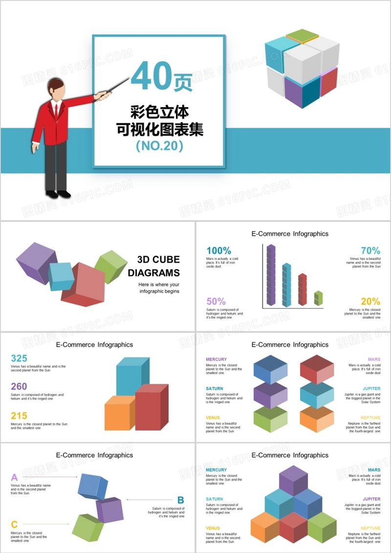 40页彩色立体可视化图表集PPT模板