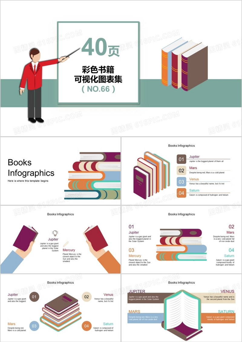 40页彩色书籍可视化图表集PPT模板