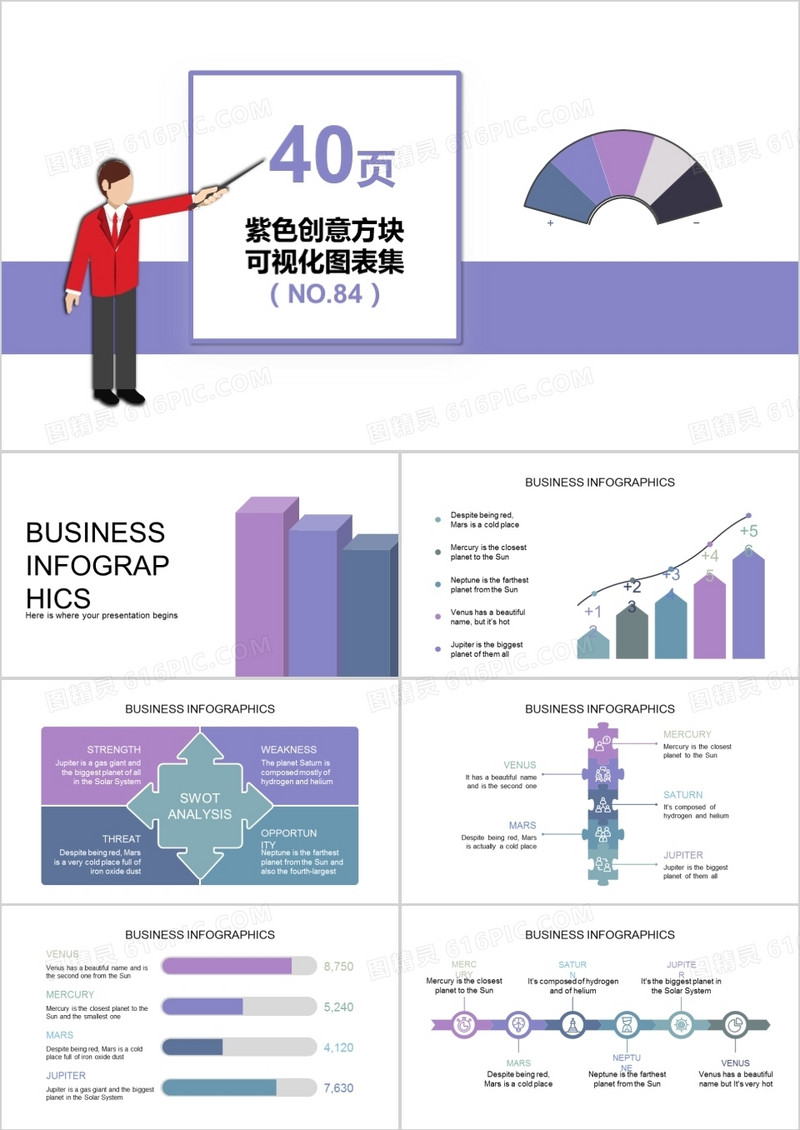 40页紫色创意方块可视化图表集PPT模板