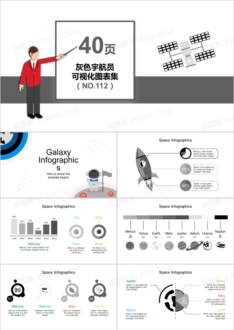 40页灰色宇航员可视化图表集PPT模板