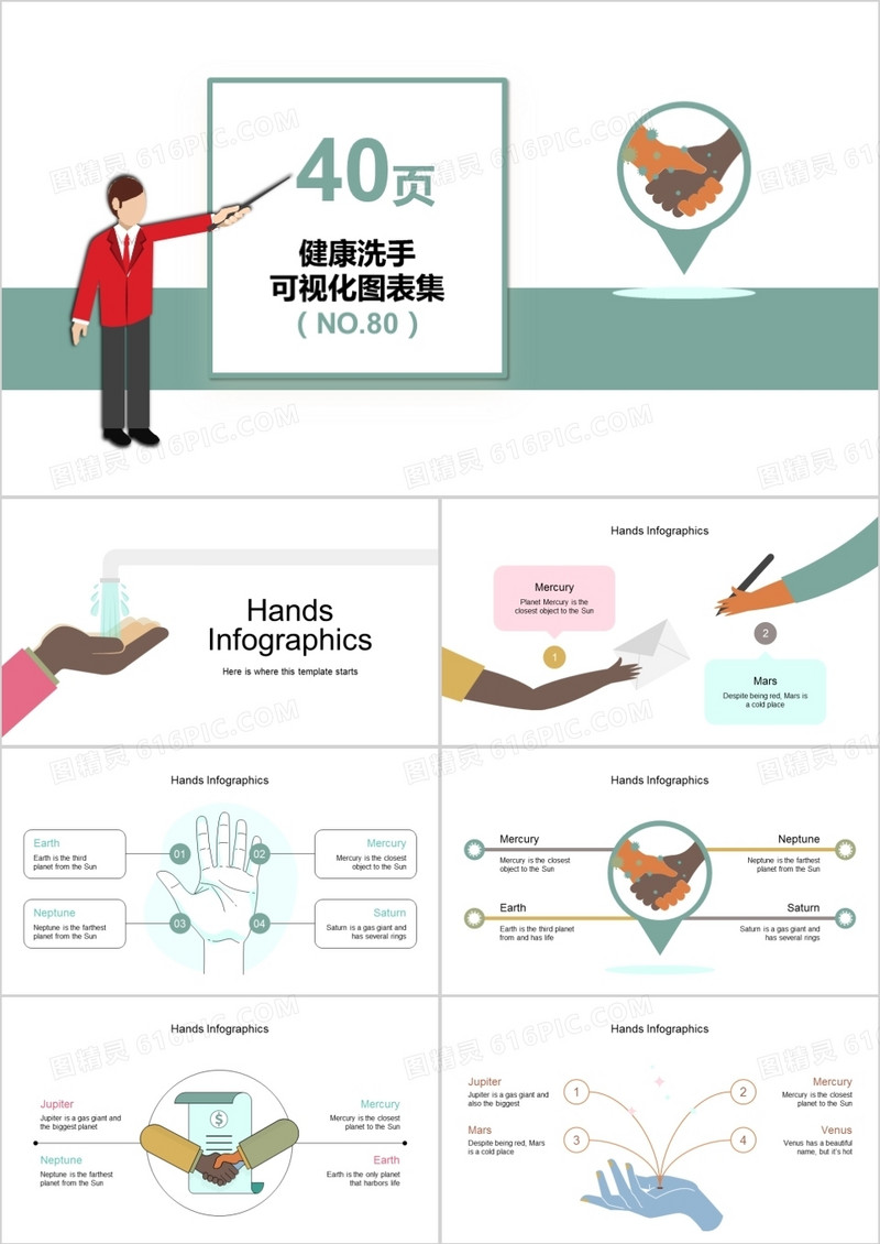 40页健康洗手可视化图表集PPT模板