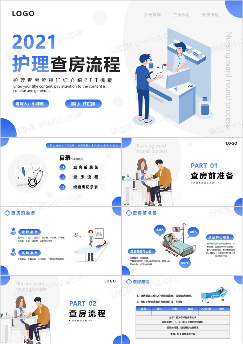 简约扁平化护理查房流程详细介绍PPT模版