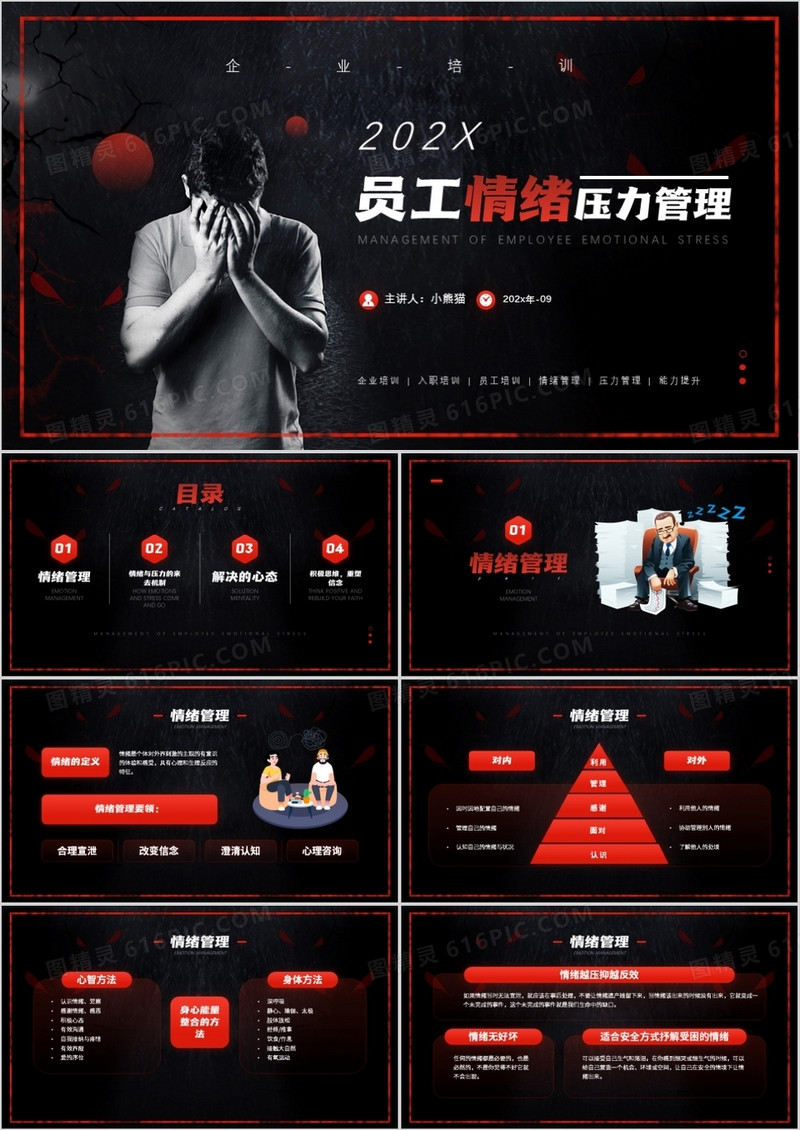 红色简约风员工情绪压力管理知识培训PPT模板