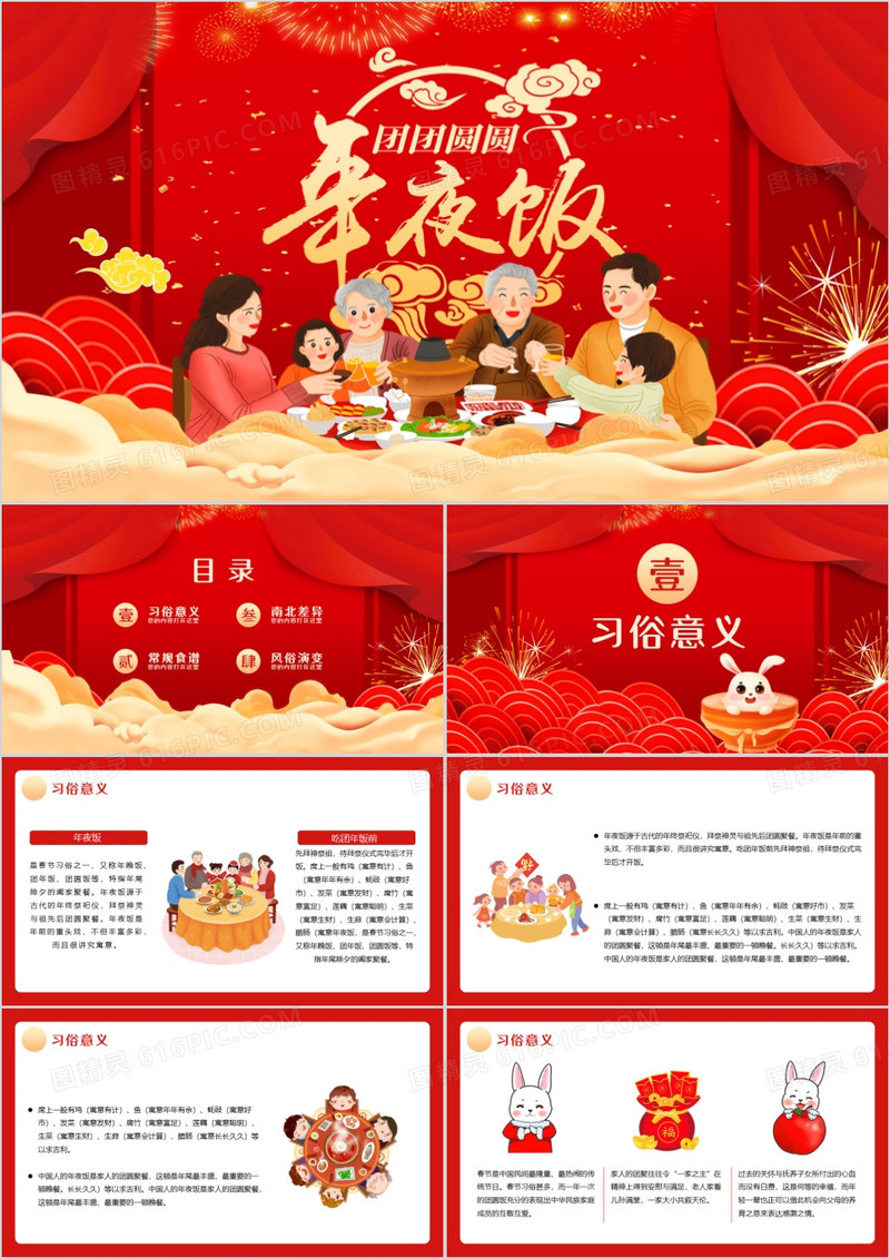 红色插画风2023年夜饭介绍PPT动态模板