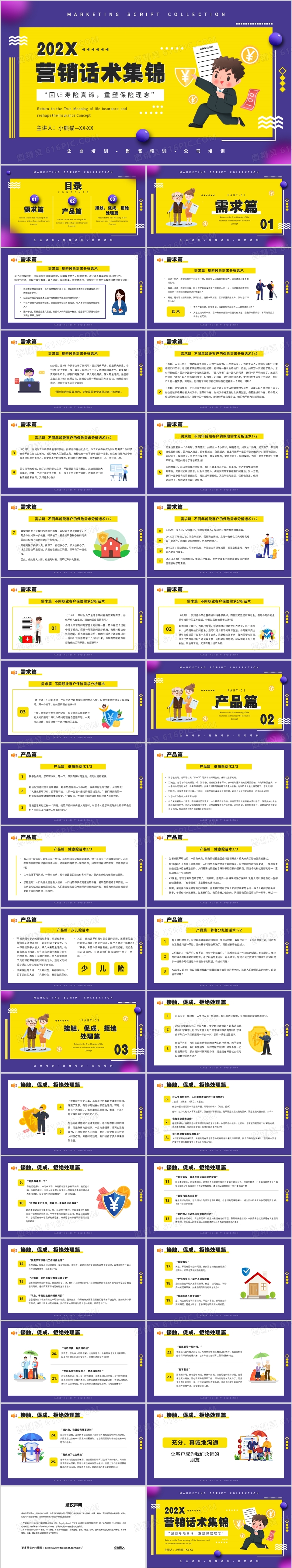 紫色卡通风营销话术集锦培训PPT模板