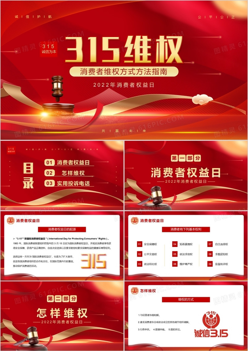 红金大气简约315维权方法指南PPT模板