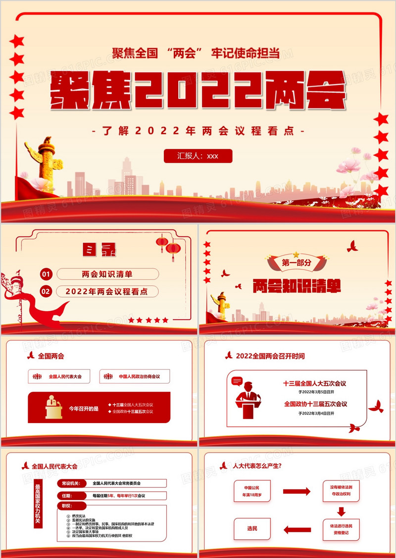 红色党建聚焦全国两会牢记使命担当PPT模板