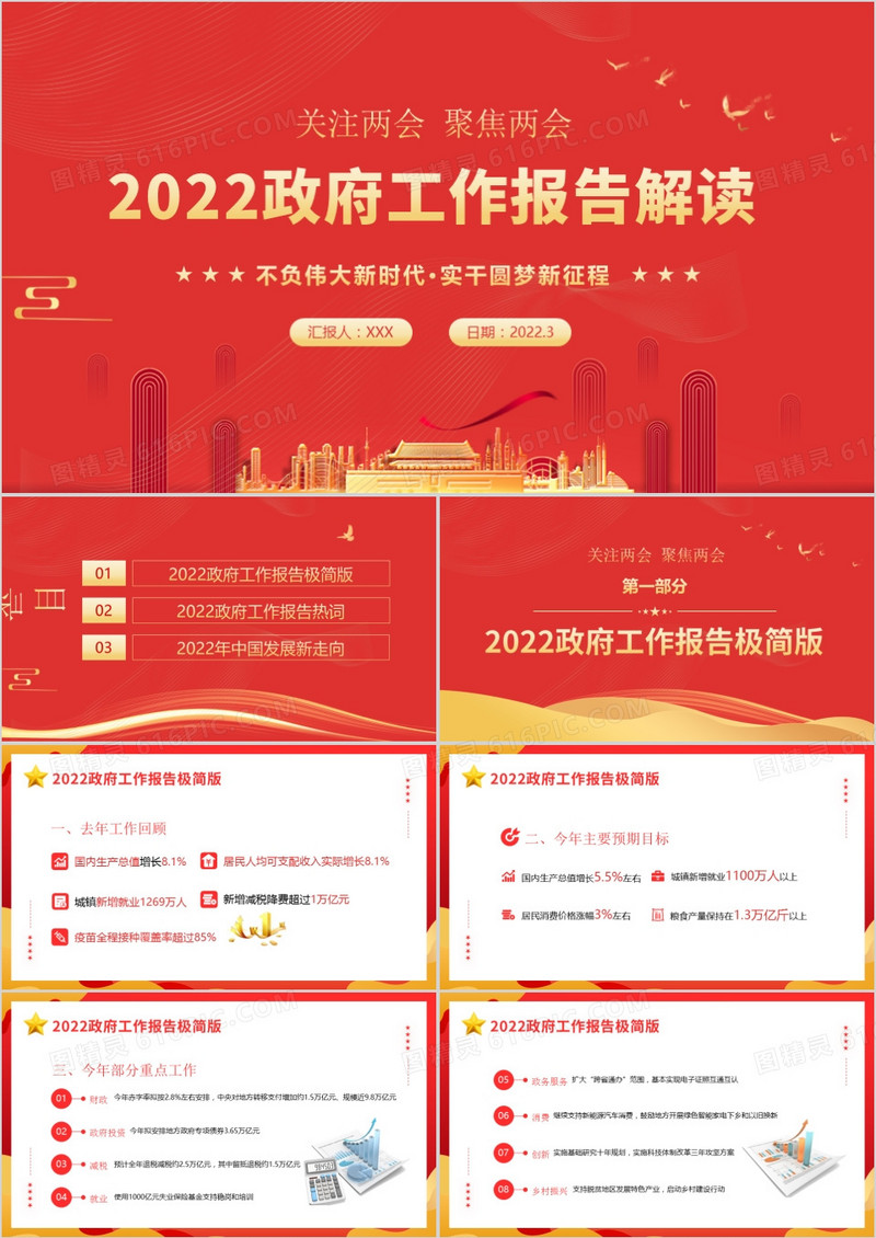 红色简约2022年政府工作报告解读PPT模板