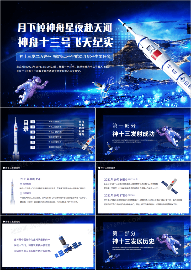 月下棹神舟星夜赴天河神舟十三号飞天纪实动态PPT