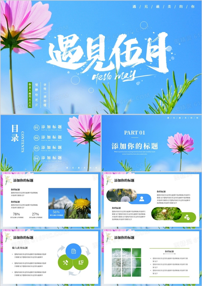 蓝色清新风遇见五月PPT通用模板