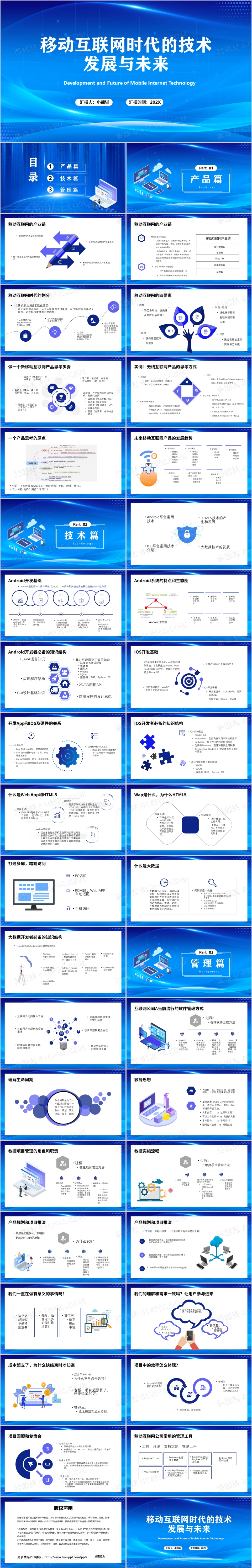 蓝色科技风移动互联网的发展与未来PPT模板