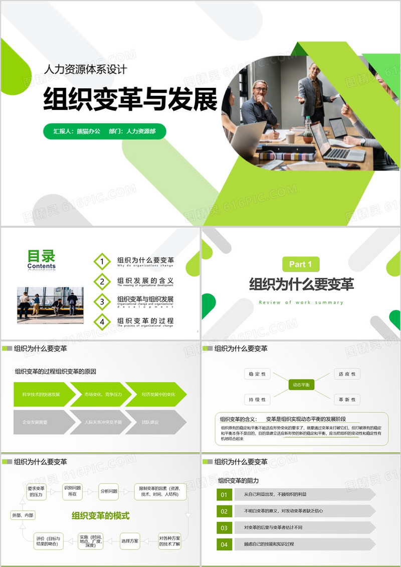 绿色几何商务人力资源培训组织变革与发展培训课件PPT模板