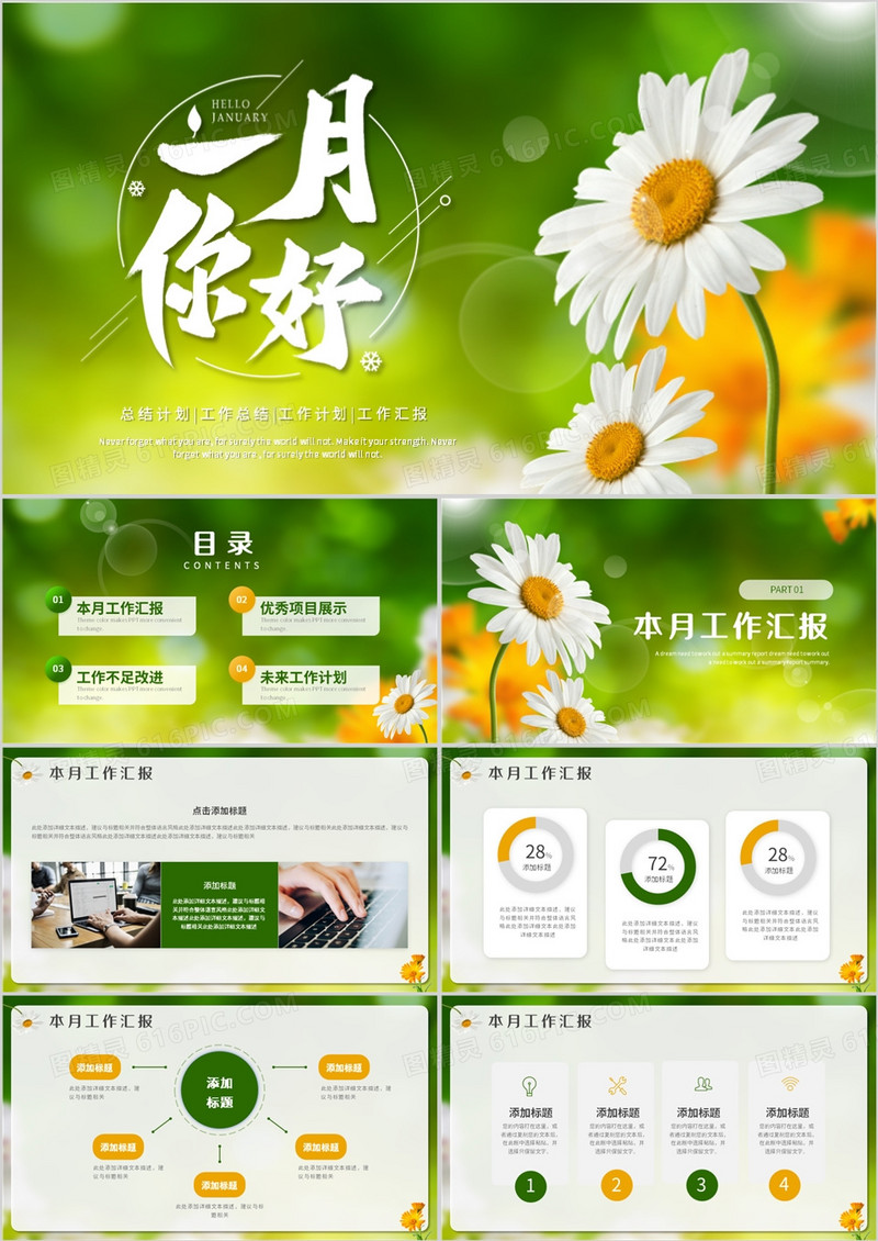 绿色小清新1月你好工作总结PPT通用模板