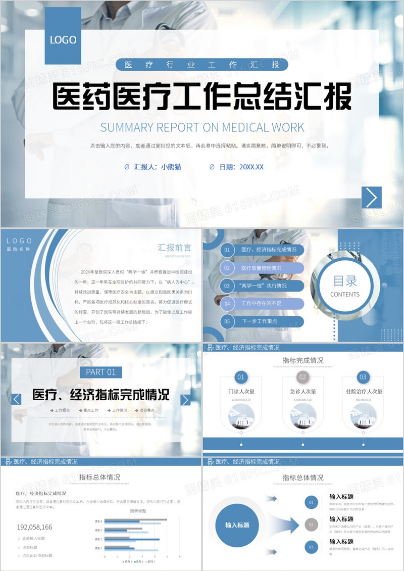 蓝色简约风医疗工作总结汇报PPT模板