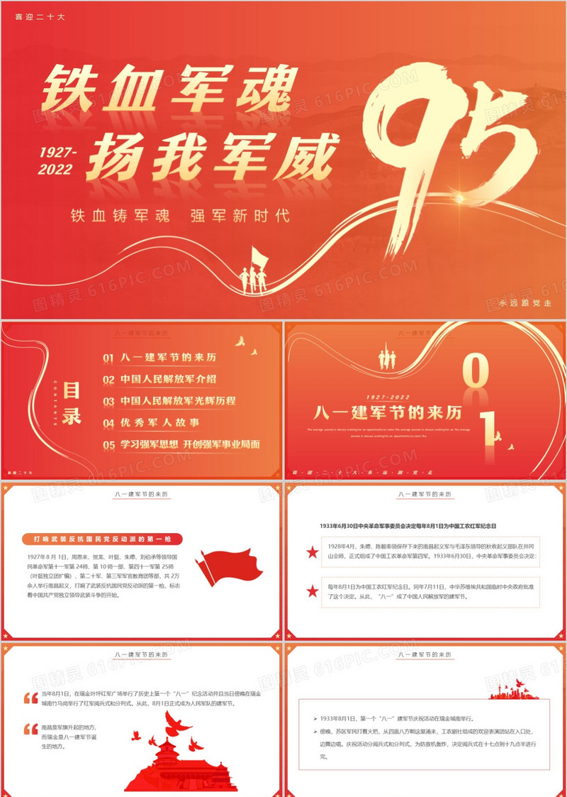 橙红渐变简约风铁血军魂扬我军威PPT模板