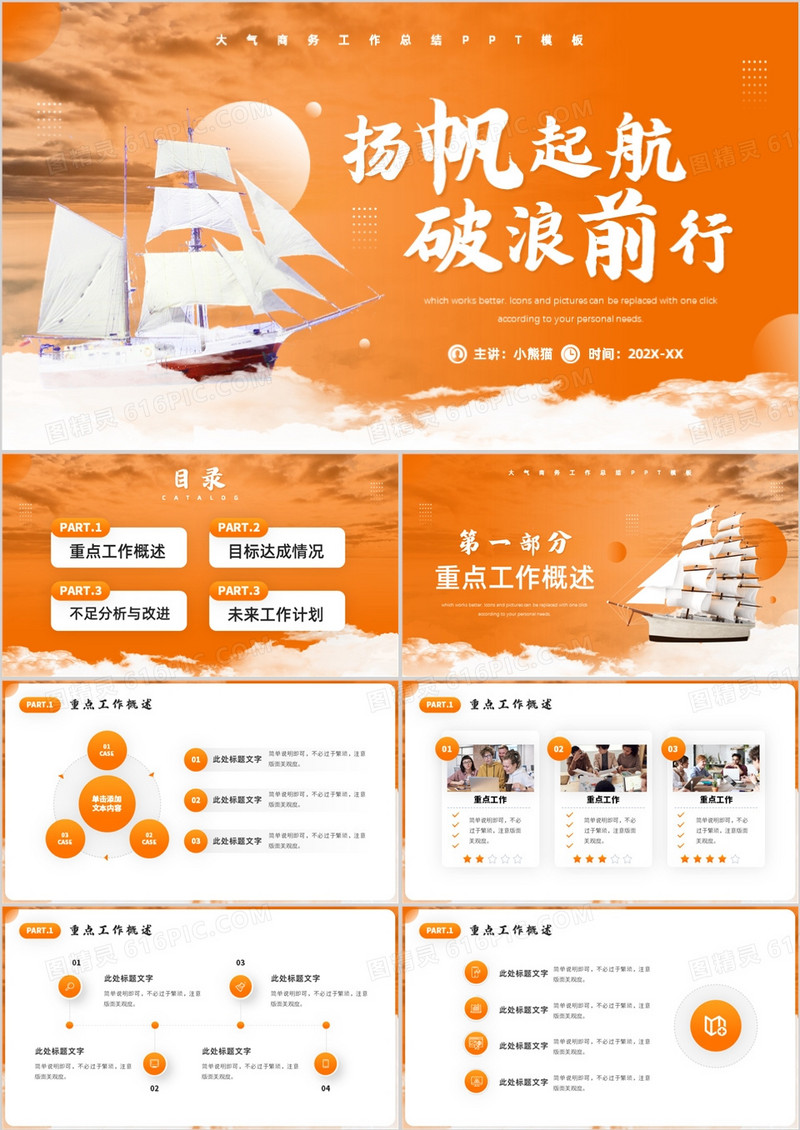橙色商务风扬帆起航破浪前行PPT模板