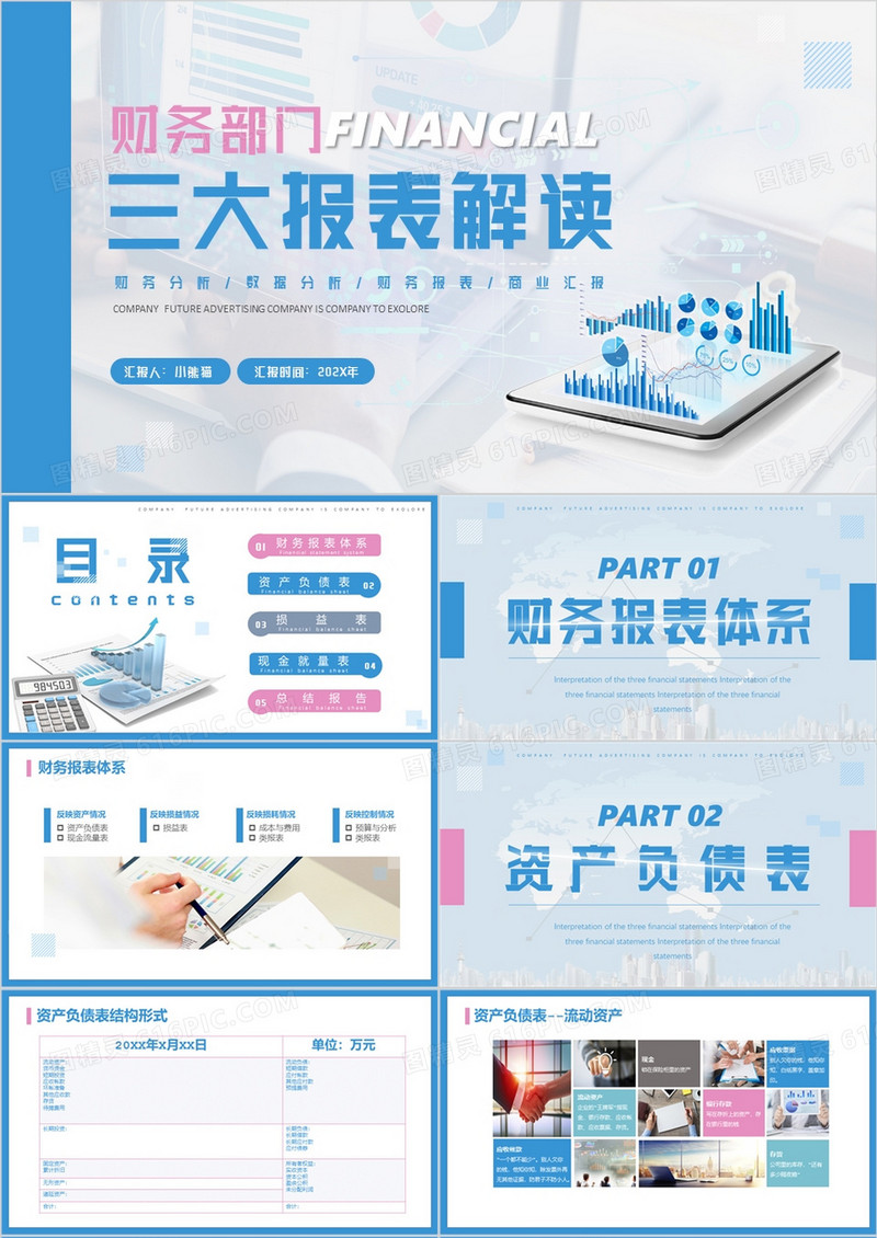 蓝粉色商务风三大报表解读PPT模板