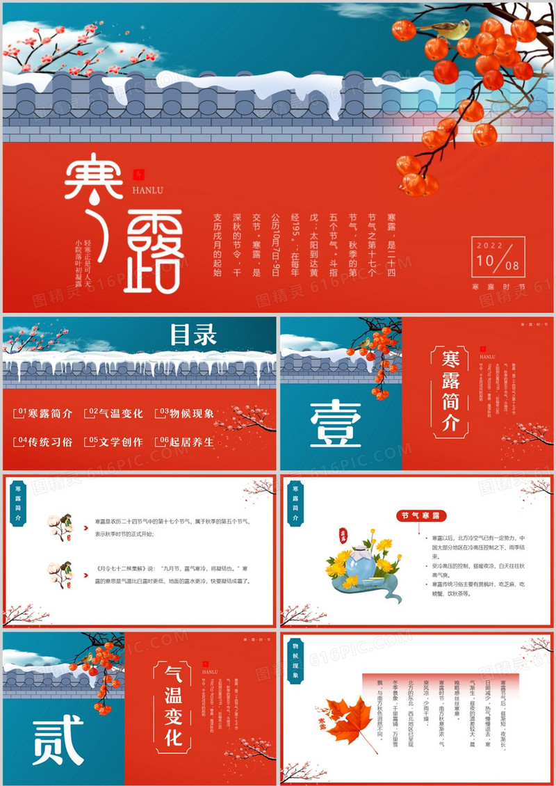 红蓝中国风传统二十四节气之寒露PPT模板