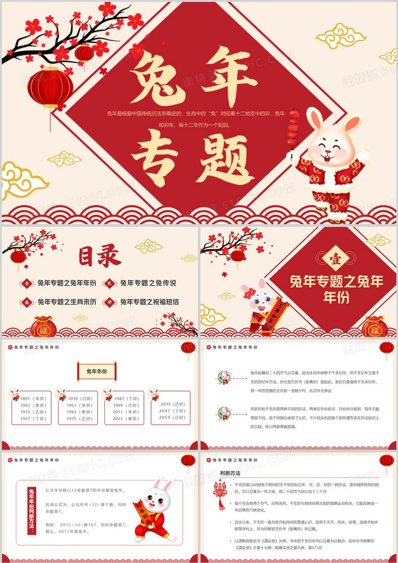 红色中国风兔年专题之兔年介绍PPT模板