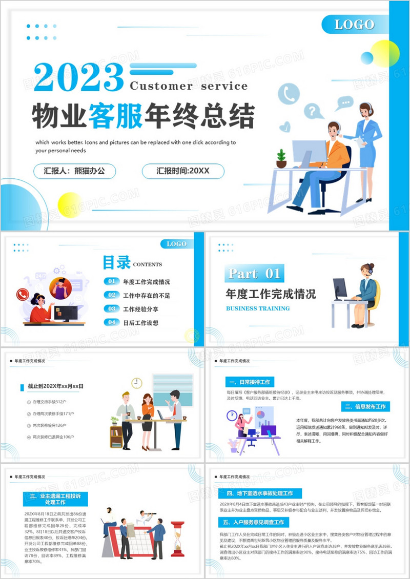 蓝色2023物业客服年终总结PPT模板