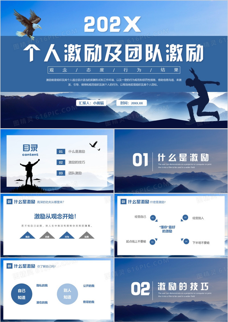 蓝色商务风个人激励及团队激励PPT模板