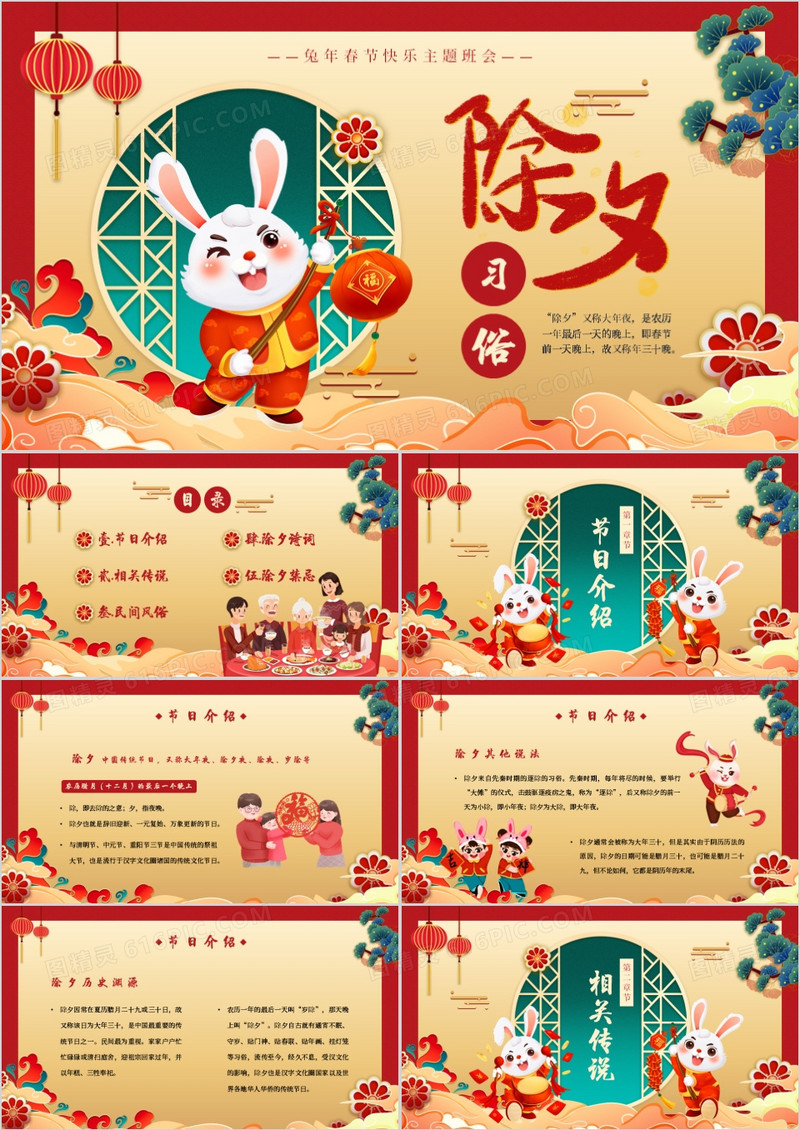 红色中国风除夕习俗介绍PPT模板