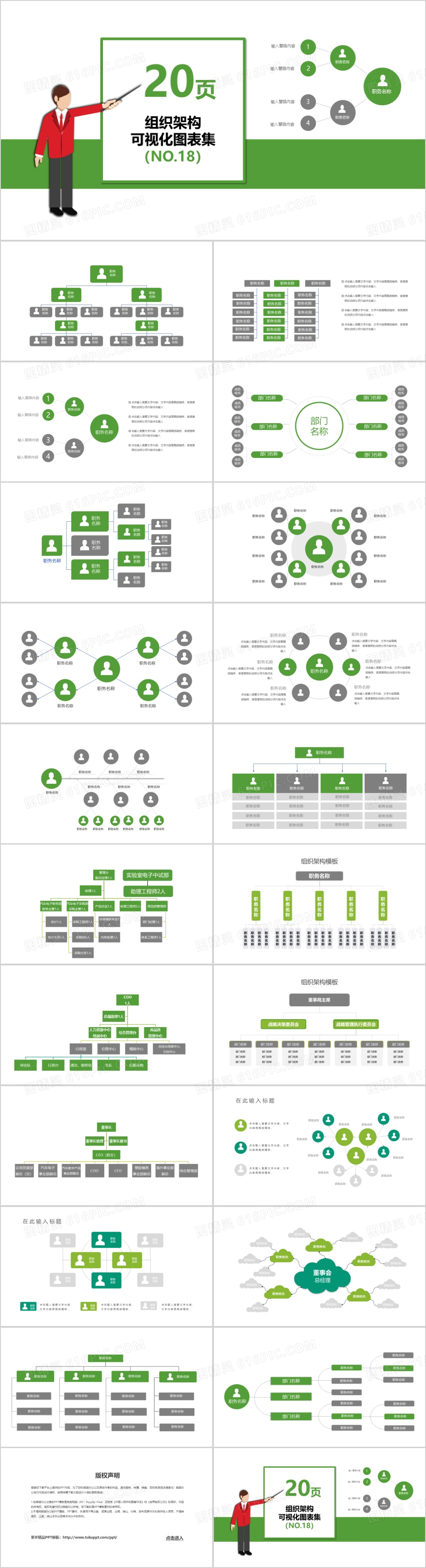 绿色20页企业组织架构可视化图表集PPT模板