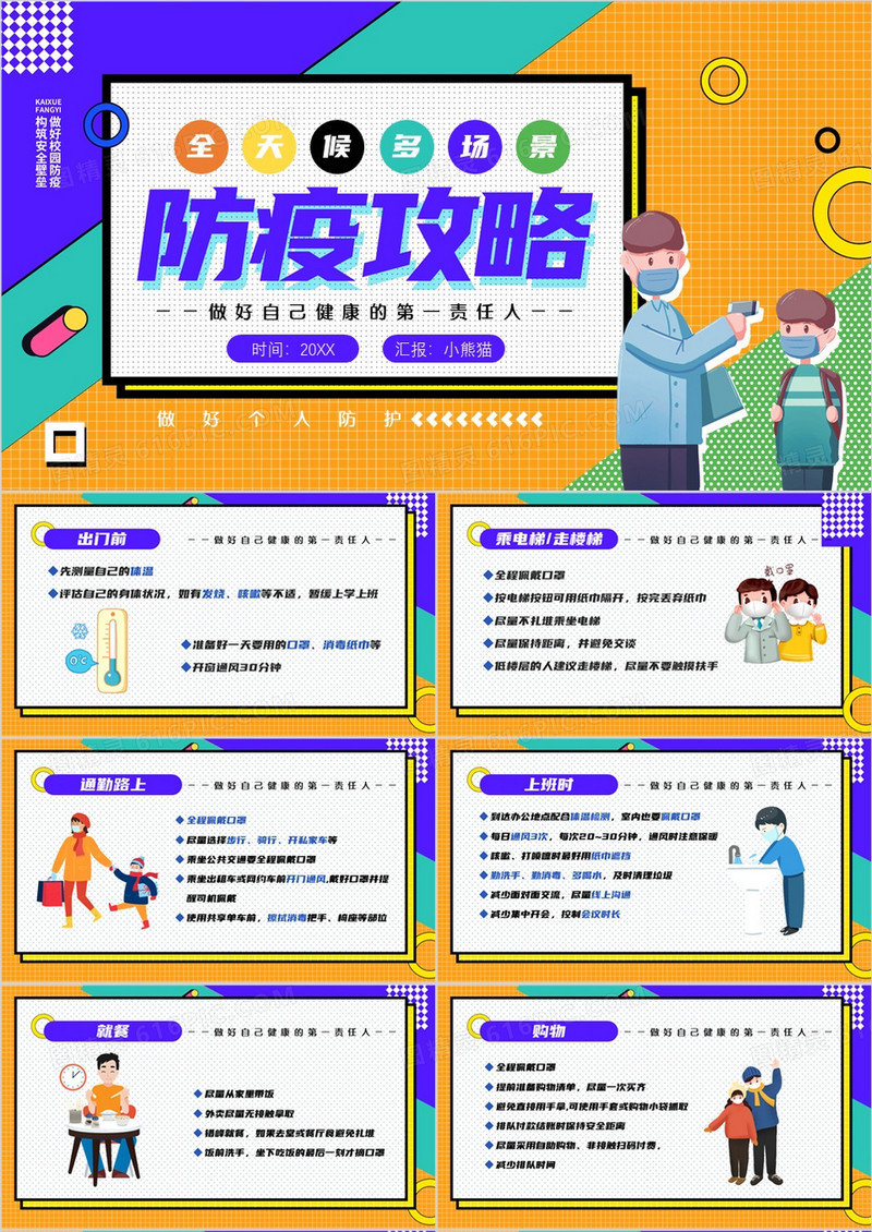 黄色卡通孟菲斯全天候多场景防疫攻略PPT模板