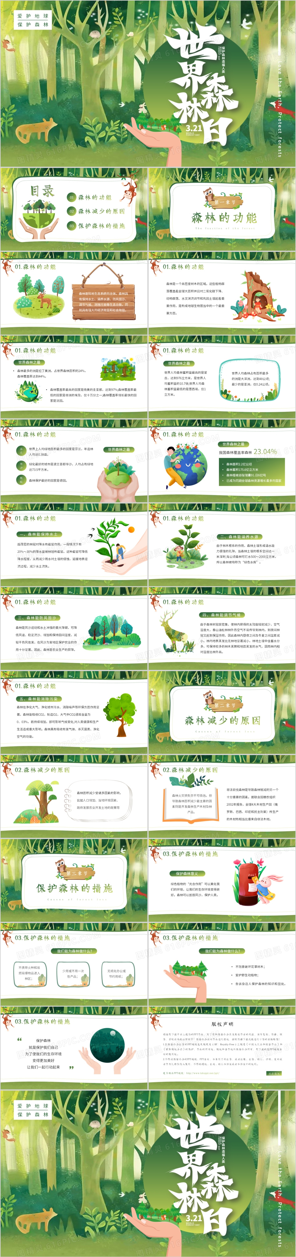 绿色卡通风世界森林日保护森林PPT模板