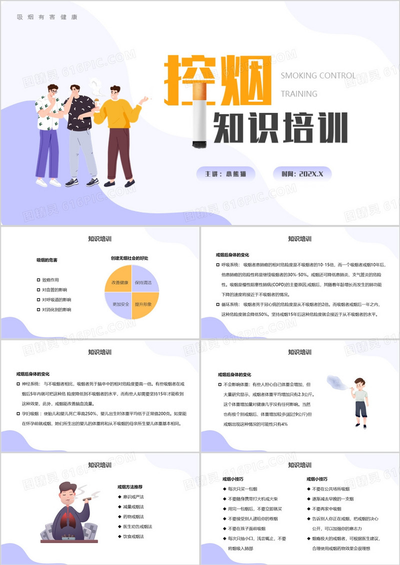 紫色扁平控烟知识培训PPT模板
