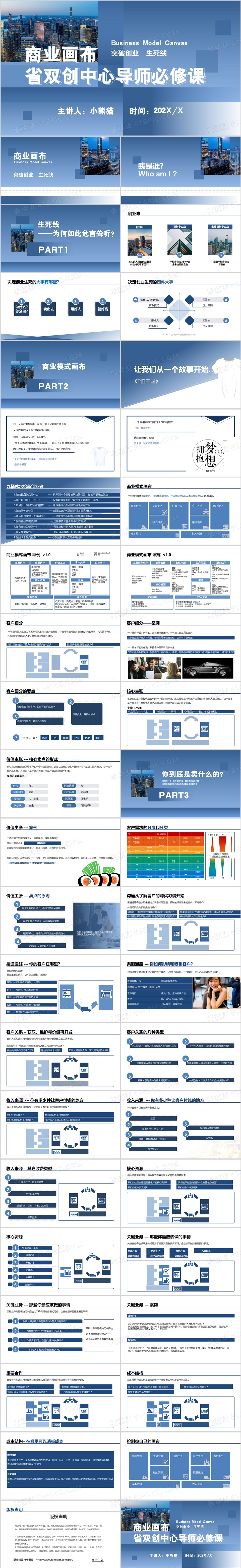 蓝色商务风商业画布双创中心导师必修课PPT模板