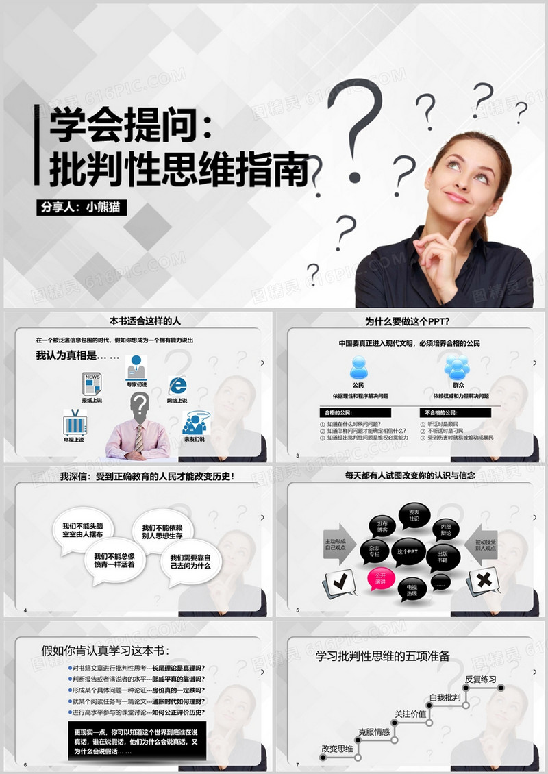 黑色商务风学会提问批判性思维指南PPT模板