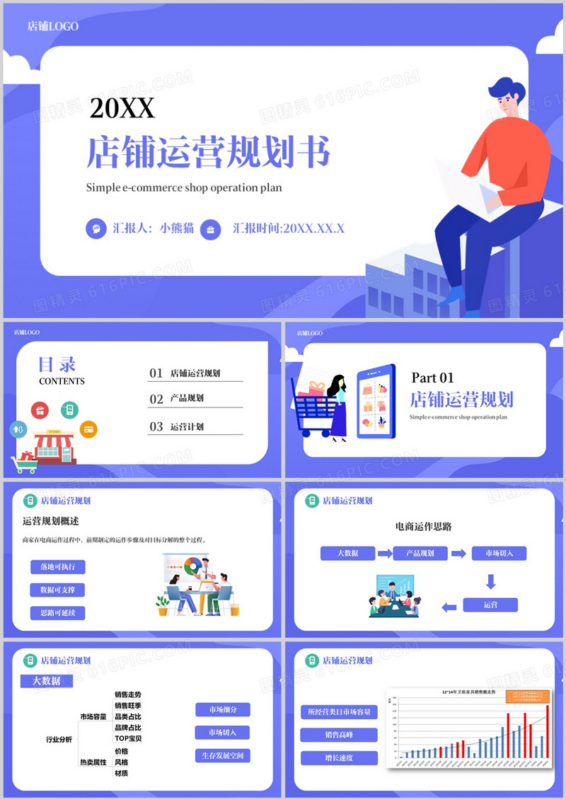 紫色卡通风店铺运营规划书通用PPT模板