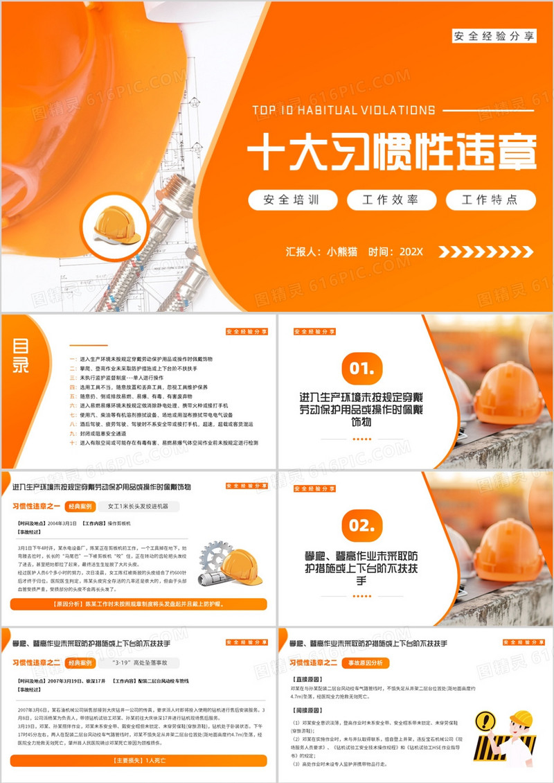 橙色简约风十大习惯性违章安全宣传PPT模板
