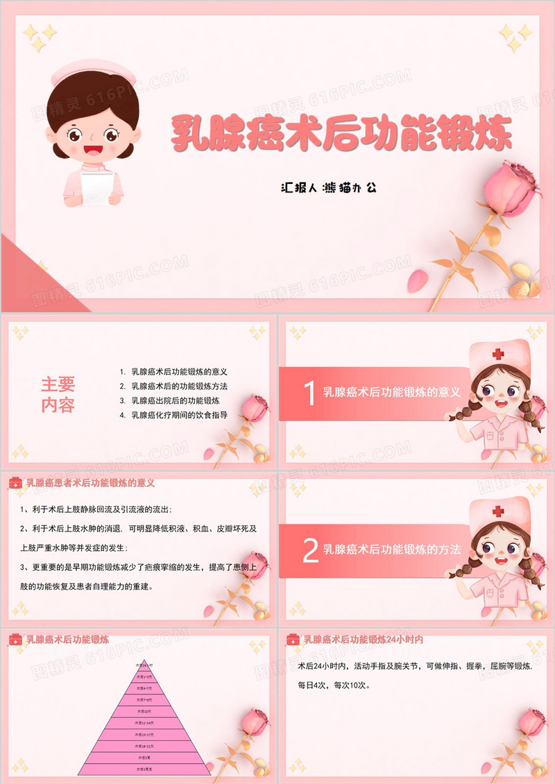 乳腺癌术后功能锻炼粉色课件PPT模板
